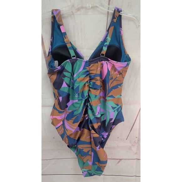 Women's Shirred Plunge One Piece Swimsuit - Shade & Shore Multi Floral Print 16 - Picture 3 of 7